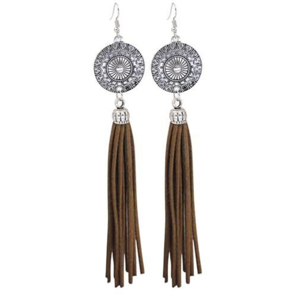5535 Boho Western Cowgirl Earrings Vintage Leather Tassel Long Drop